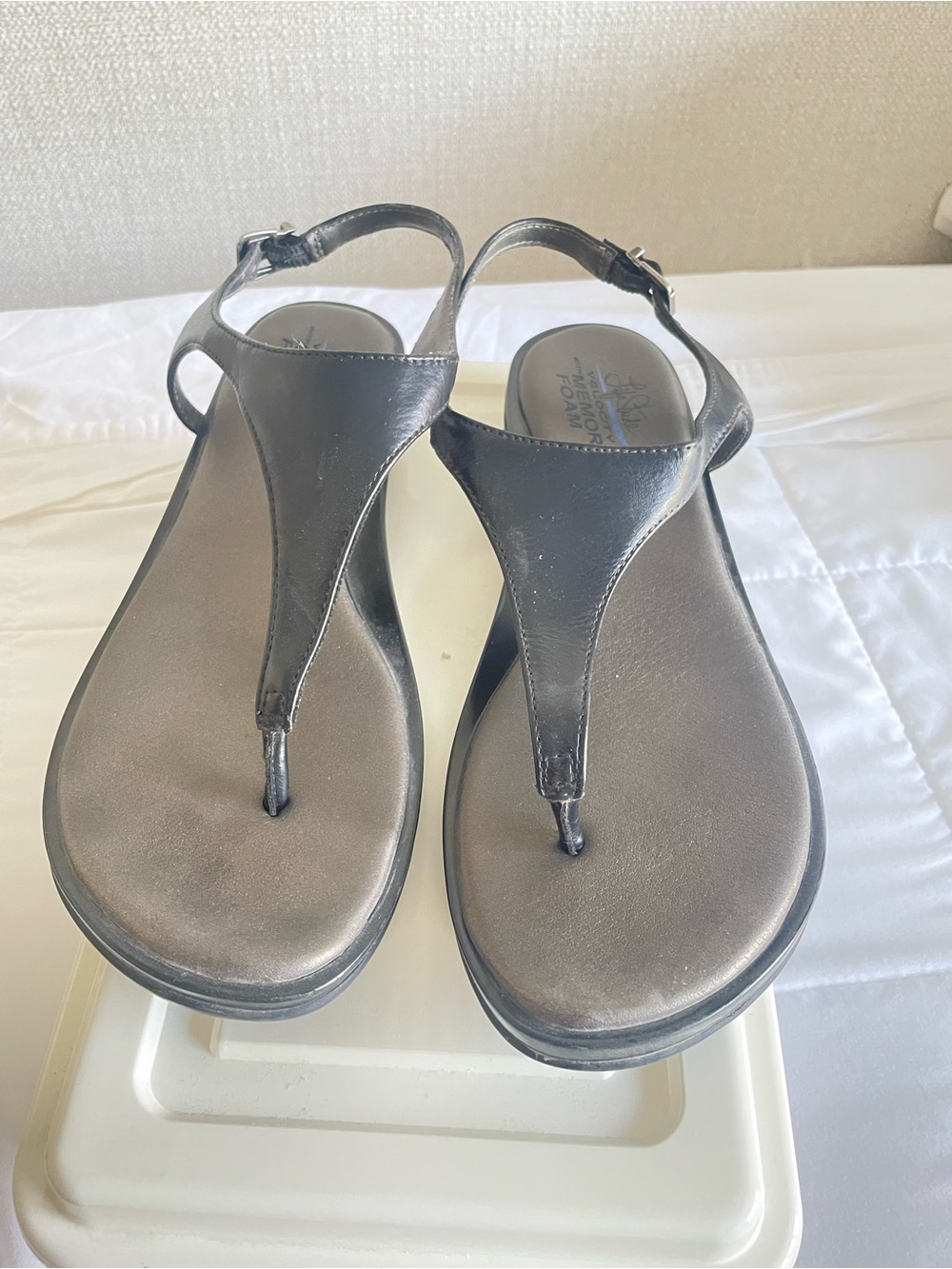 Life Stride Women’s Black T-strap Sandals with Ankle Buckle